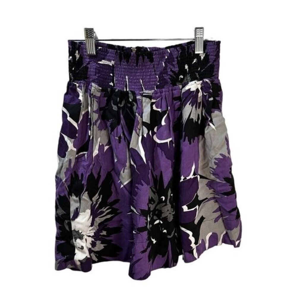 Smocked Waist Purple & Black Floral‎ Print A-Line Mini Skirt Small